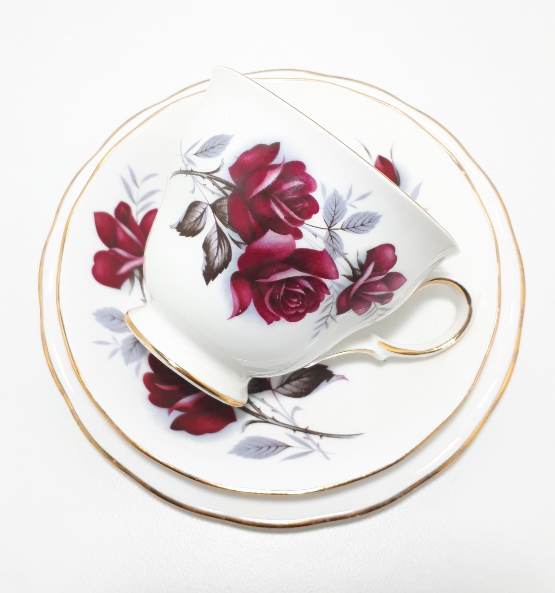 Queen Anne Pattern #8621 Tea Trio – Wine Red Roses With Grey Leaves