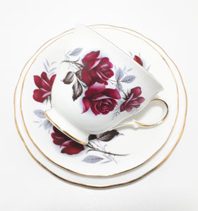 Queen Anne Pattern #8621 Tea Trio – Wine Red Roses With Grey Leaves
