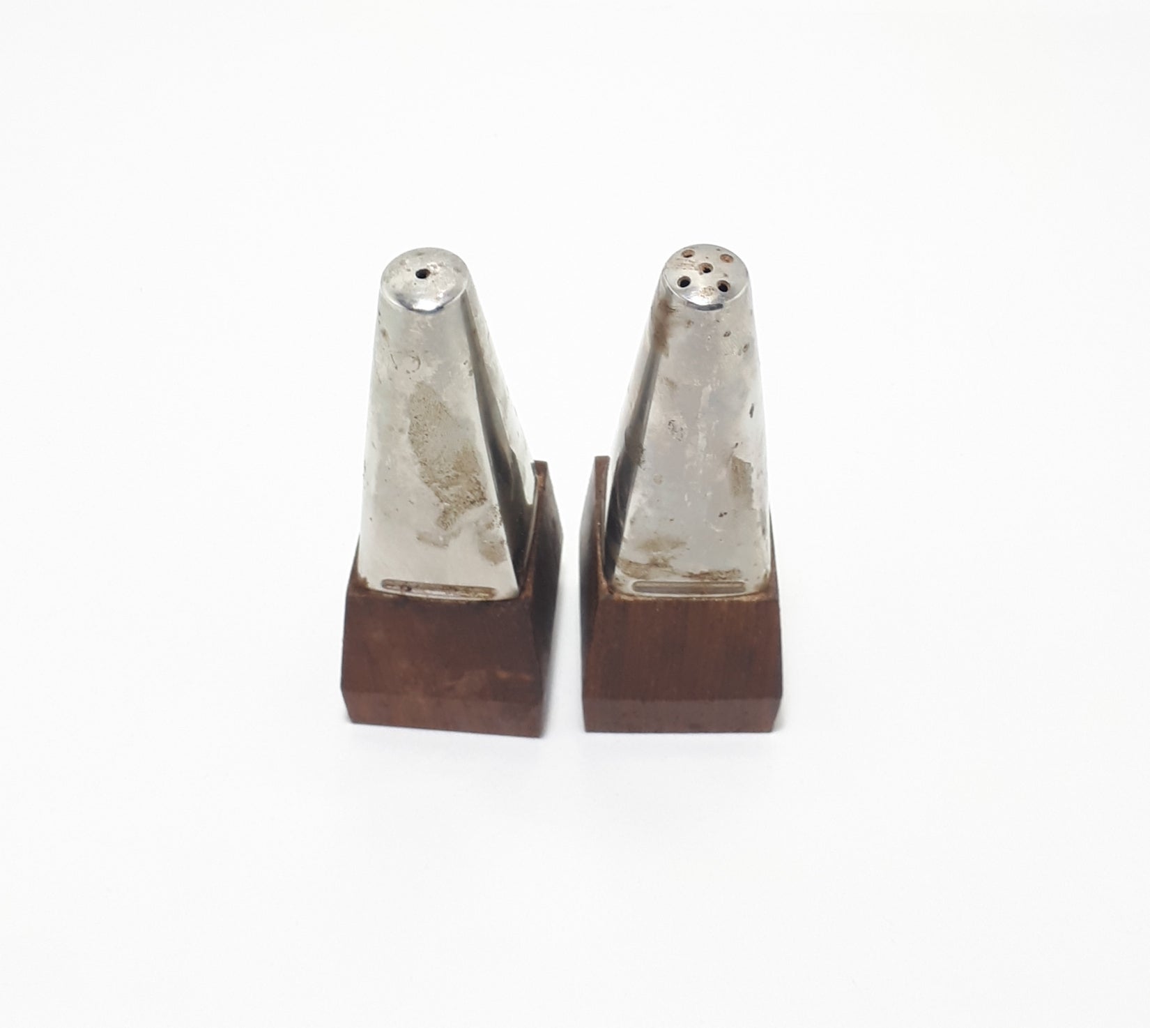 Vintage Set Of Wood & Stainless Steel Art Deco Designed Salt & Pepper Shakers