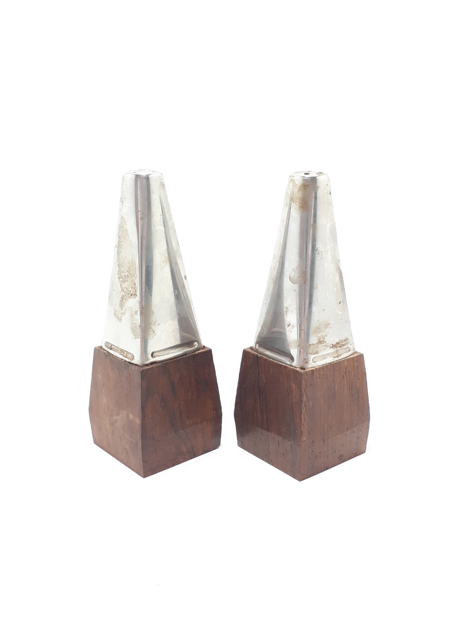 Vintage Set Of Wood & Stainless Steel Art Deco Designed Salt & Pepper Shakers
