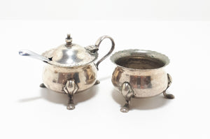 1900’s Antique Set Of Regis Plate Silver Plated Open Salt Pot & Mustard Pot With A Vintage Stainless Steel Mustard Spoon