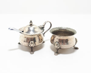 1900’s Antique Set Of Regis Plate Silver Plated Open Salt Pot & Mustard Pot With A Vintage Stainless Steel Mustard Spoon