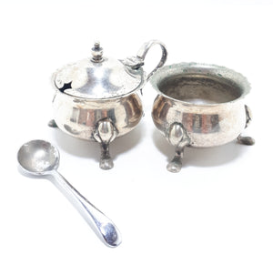 1900’s Antique Set Of Regis Plate Silver Plated Open Salt Pot & Mustard Pot With A Vintage Stainless Steel Mustard Spoon