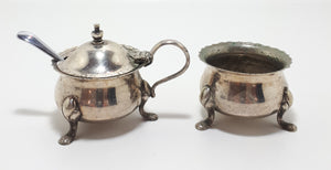 1900’s Antique Set Of Regis Plate Silver Plated Open Salt Pot & Mustard Pot With A Vintage Stainless Steel Mustard Spoon