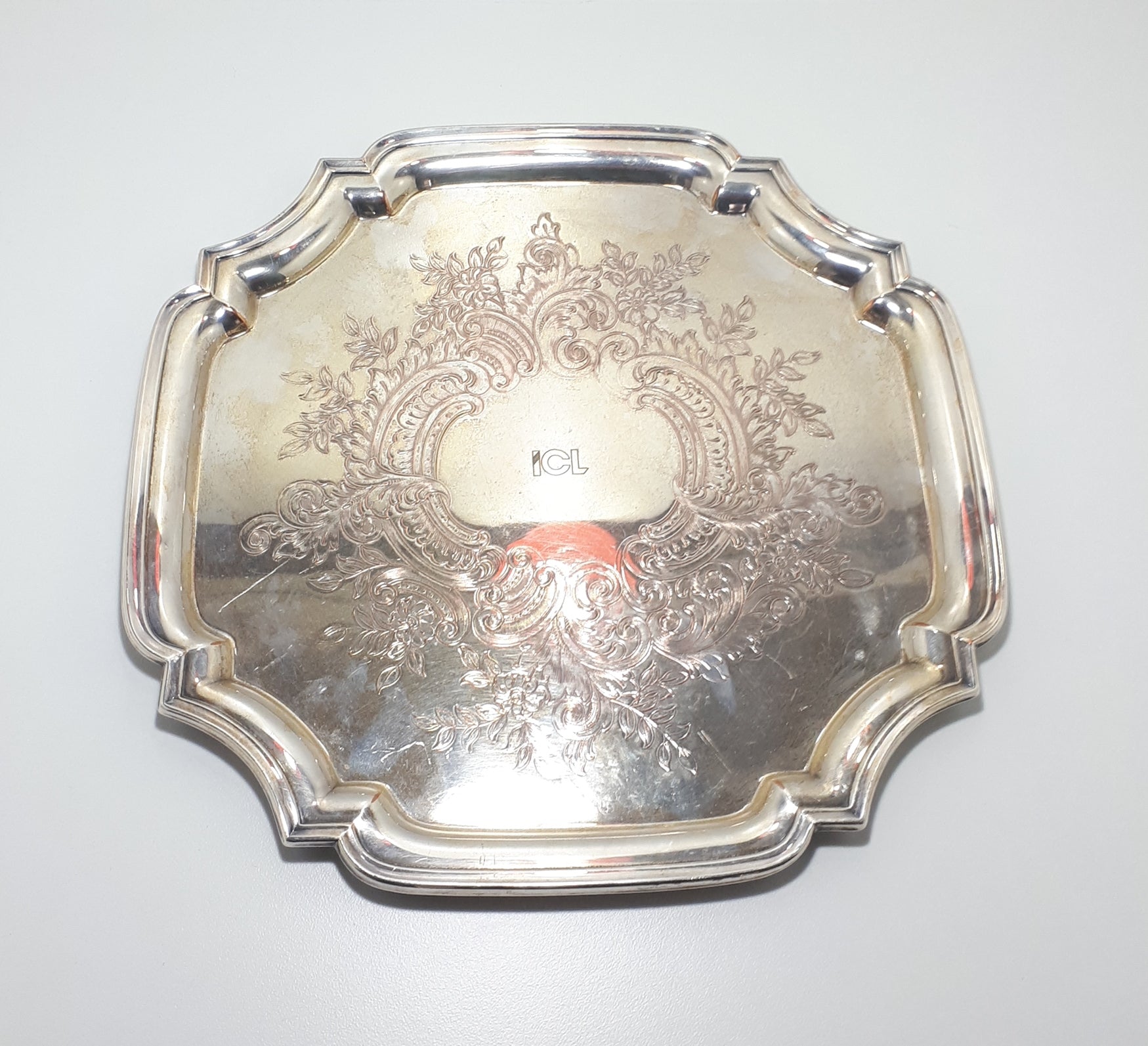 Mid-Century Vintage Silver plated Tray With Serpentine Rim & Etched Baroque Patterning