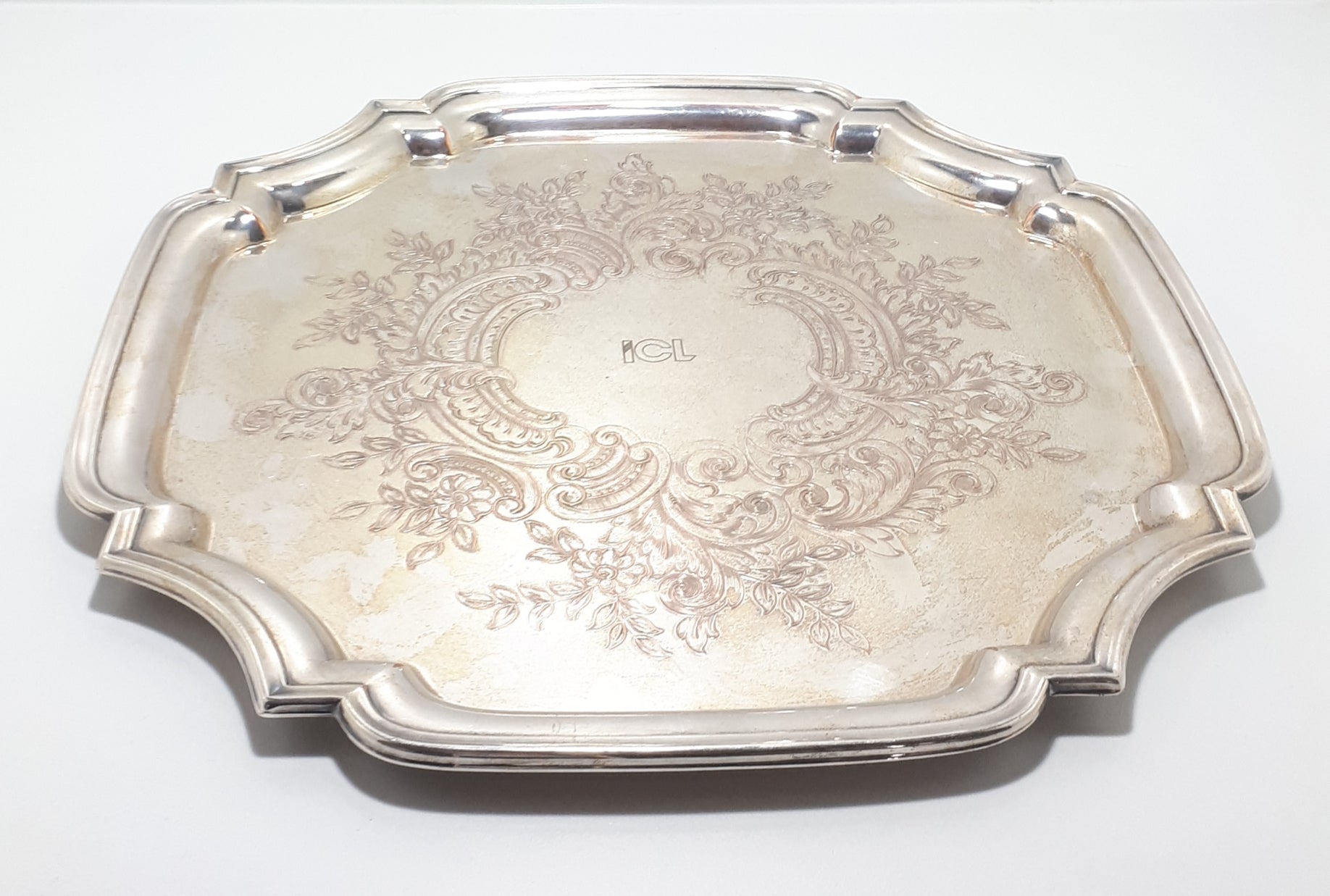 Mid-Century Vintage Silver plated Tray With Serpentine Rim & Etched Baroque Patterning