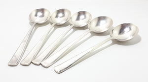 Rare Vintage Part Set Of 5 Identical Lonsdale Plate (A.E. Poston, Birmingham) Soup Spoons – Fluenci Handle Design