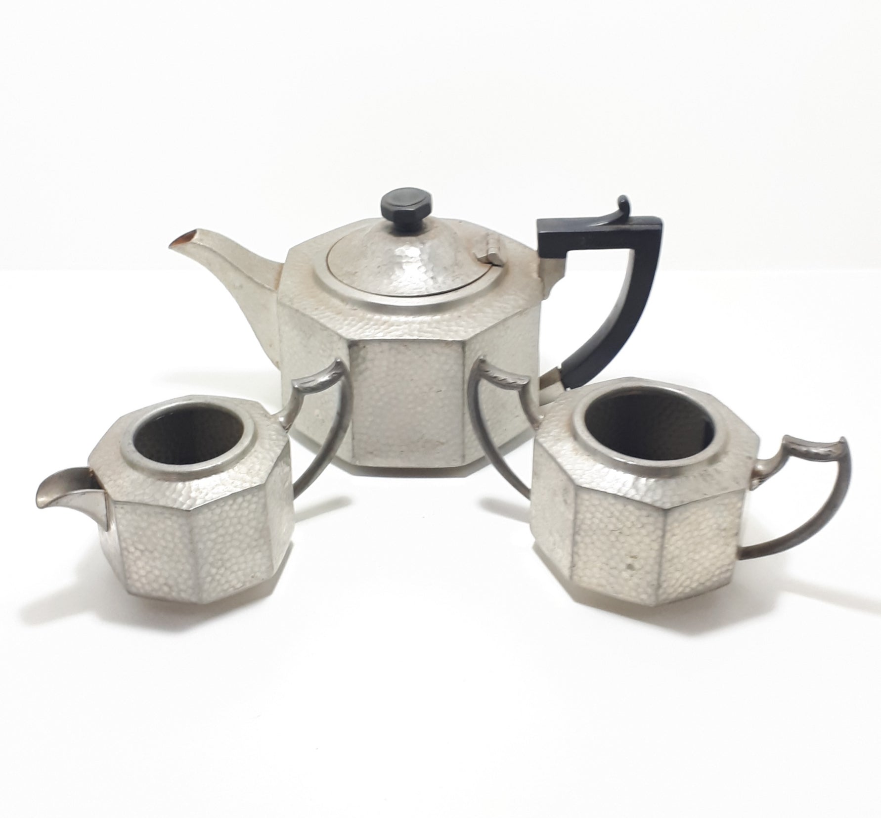 1876 – 1898 Rare Antique John Turton Sheffield Pewter Tea Set – Tea Pot, Creamer & Sugar Bowl