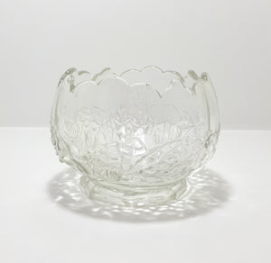 Vintage Glass Bowl With Scalloped Rim And Embossed Rose & Rose Leaf