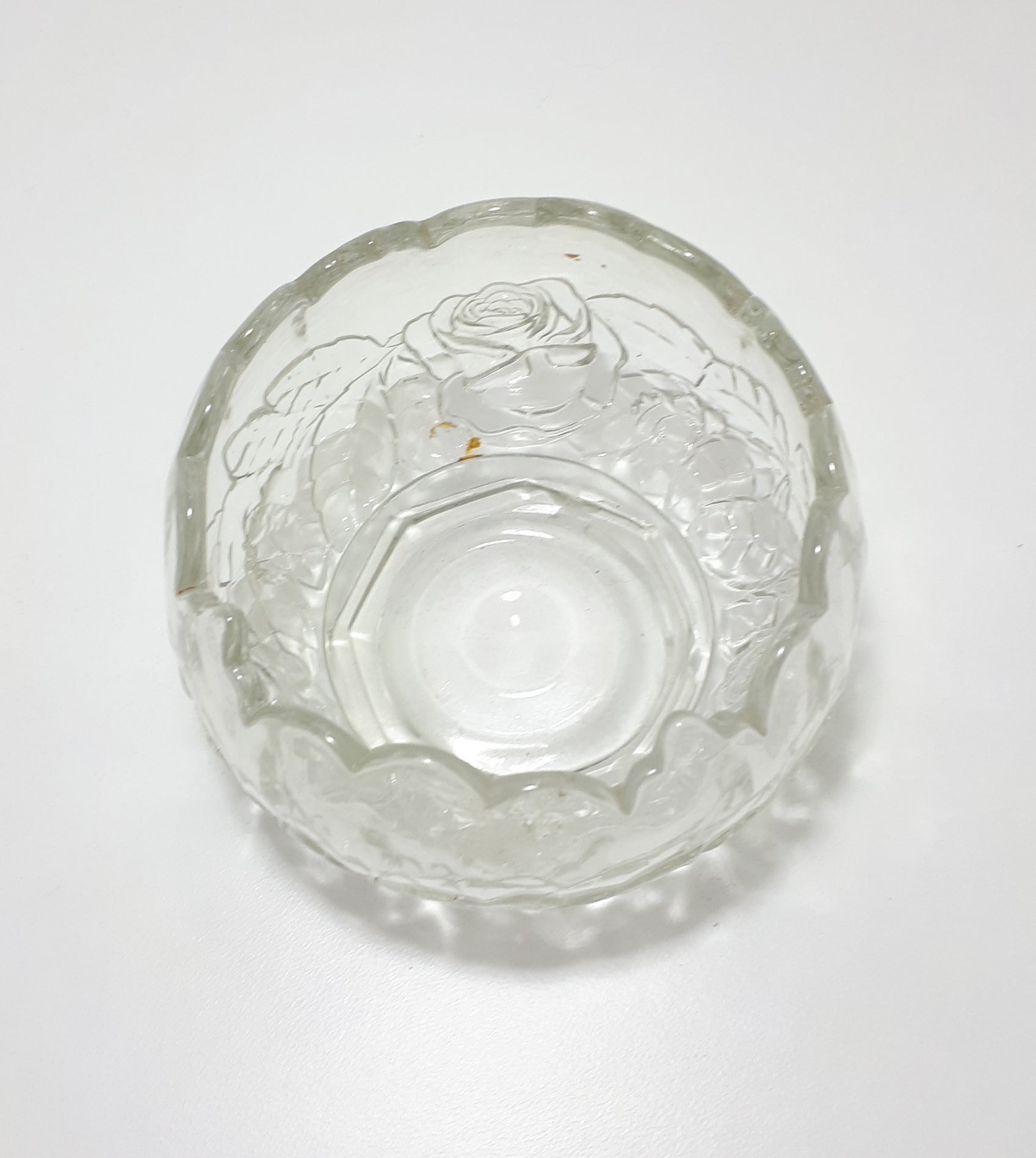 Vintage Glass Bowl With Scalloped Rim And Embossed Rose & Rose Leaf