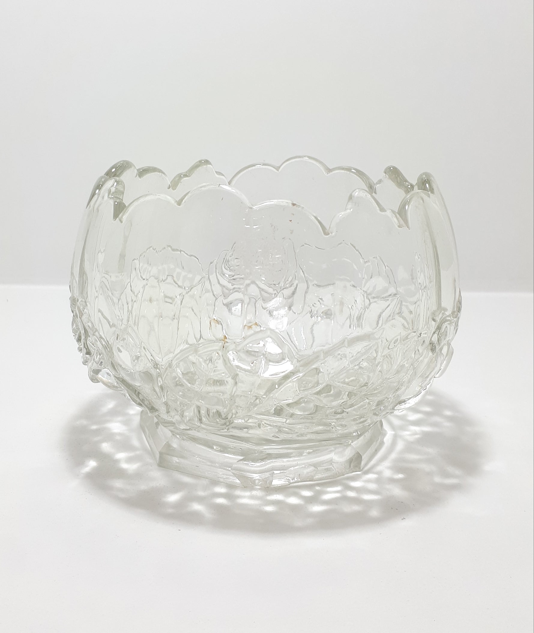 Vintage Glass Bowl With Scalloped Rim And Embossed Rose & Rose Leaf