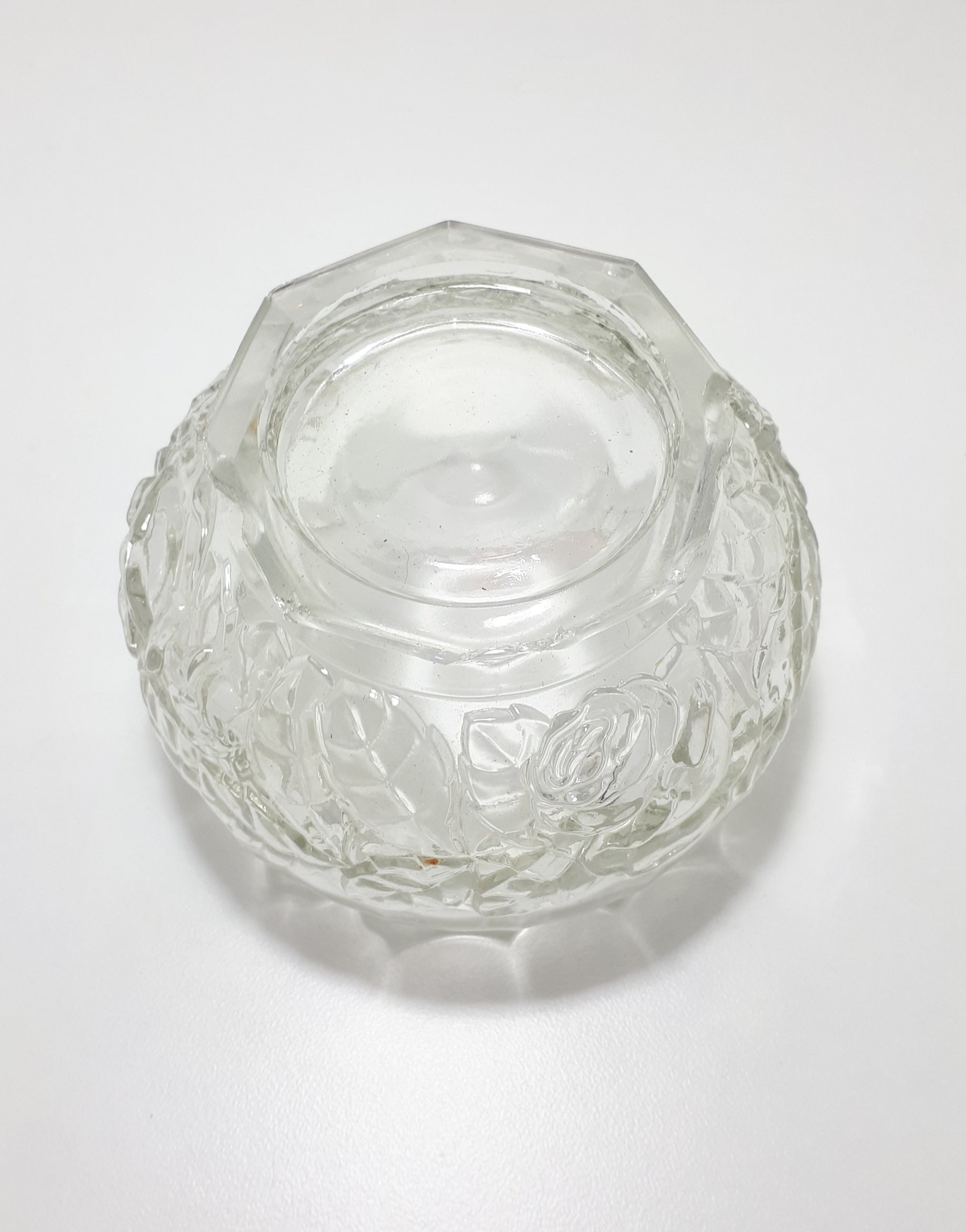 Vintage Glass Bowl With Scalloped Rim And Embossed Rose & Rose Leaf