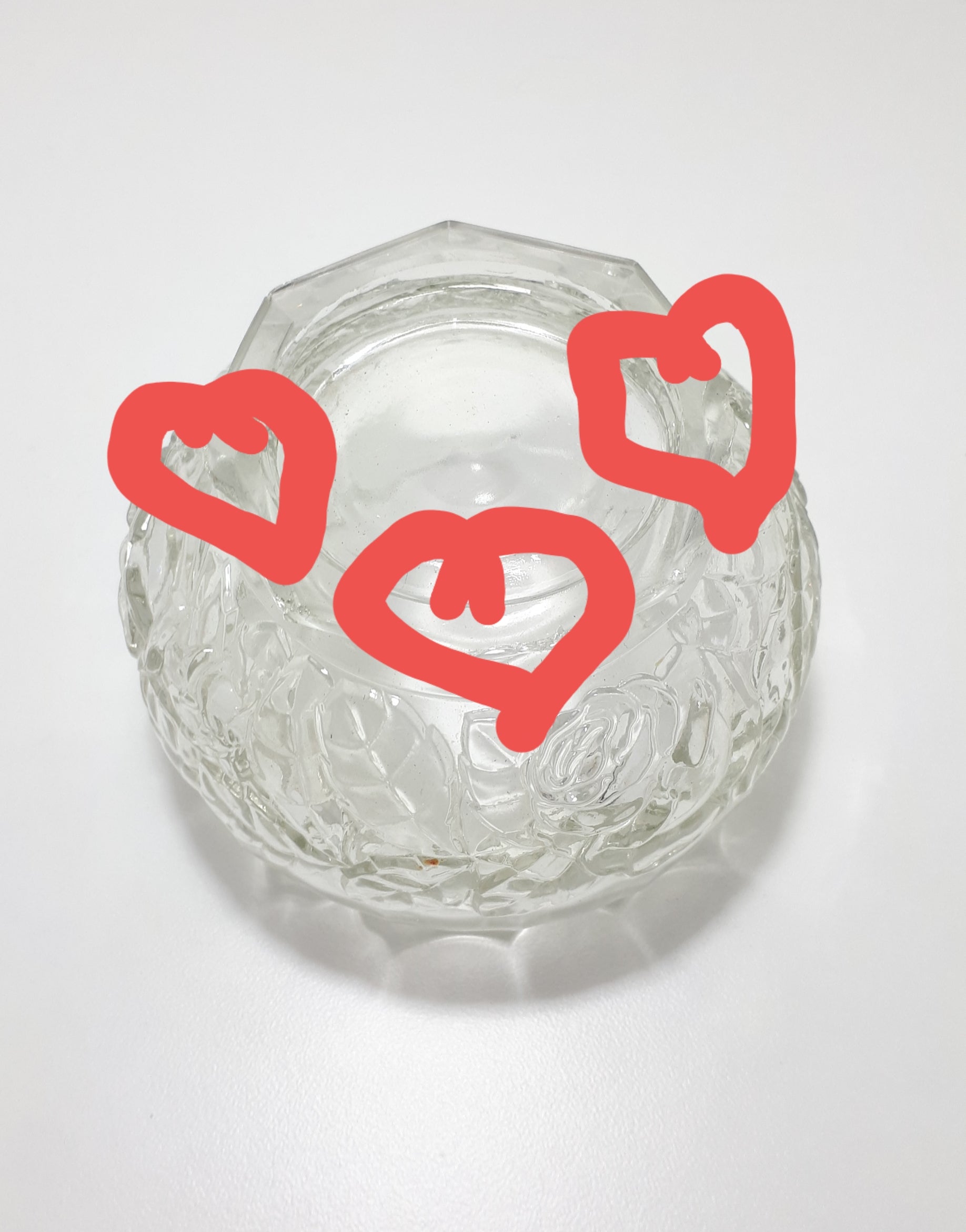 Vintage Glass Bowl With Scalloped Rim And Embossed Rose & Rose Leaf