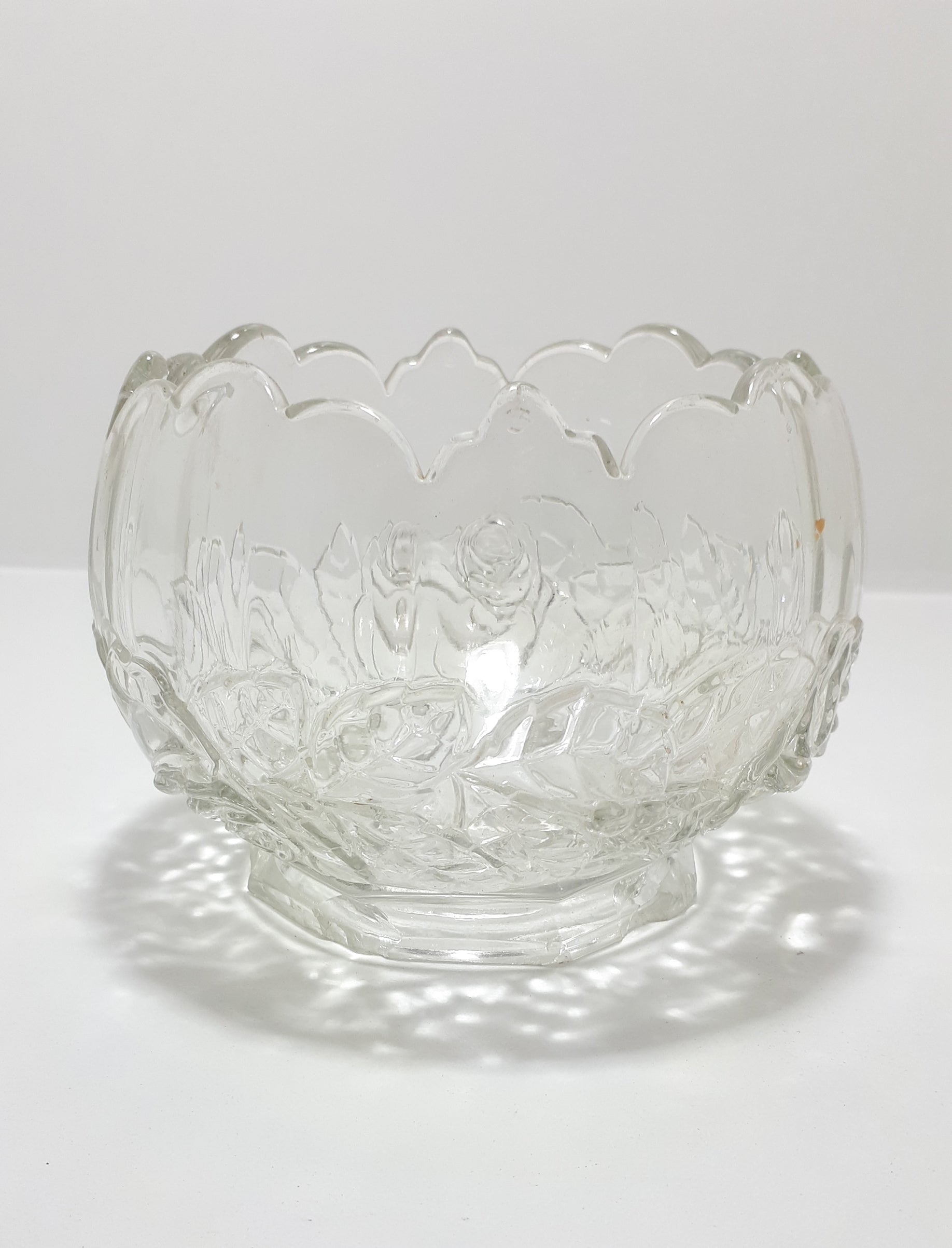 Vintage Glass Bowl With Scalloped Rim And Embossed Rose & Rose Leaf