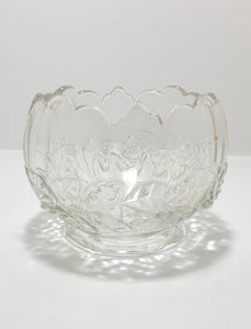 Vintage Glass Bowl With Scalloped Rim And Embossed Rose & Rose Leaf