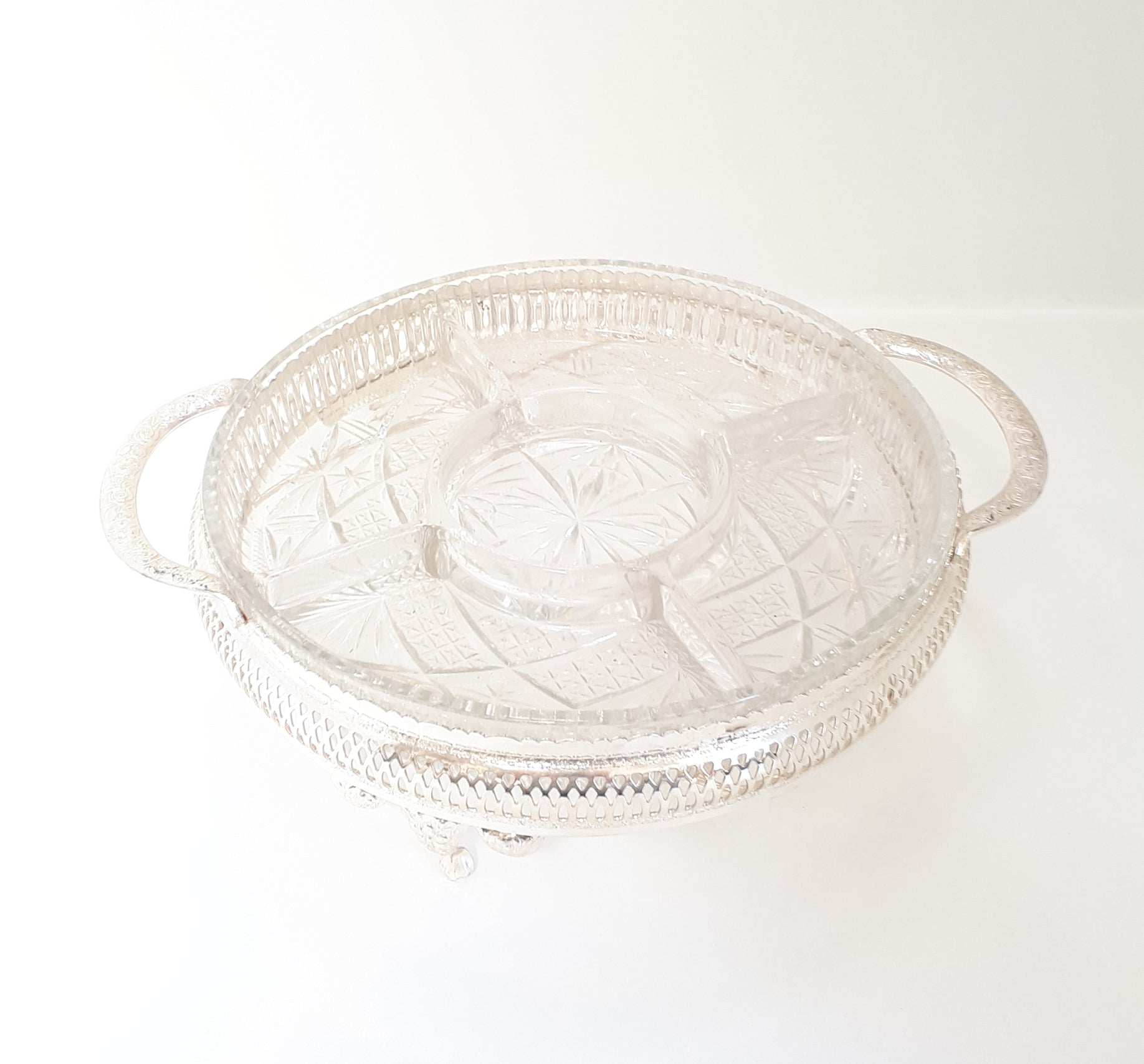 Vintage Electro Plated Footed & Pierced Stand With Removable Cut Crystal 5-Division Snack Dish