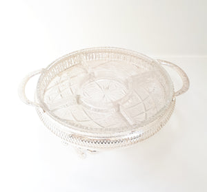 Vintage Electro Plated Footed & Pierced Stand With Removable Cut Crystal 5-Division Snack Dish