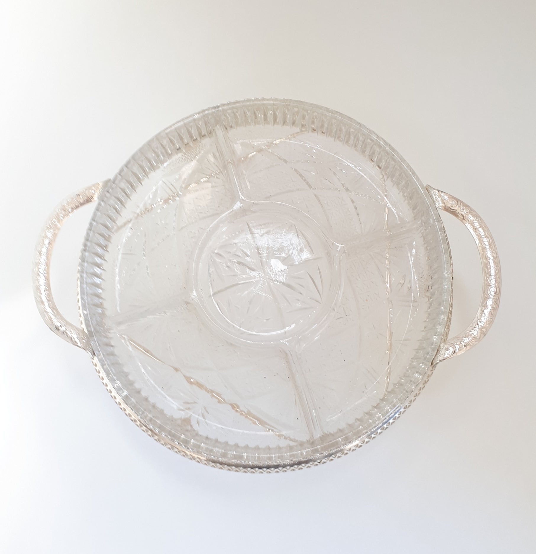 Vintage Electro Plated Footed & Pierced Stand With Removable Cut Crystal 5-Division Snack Dish
