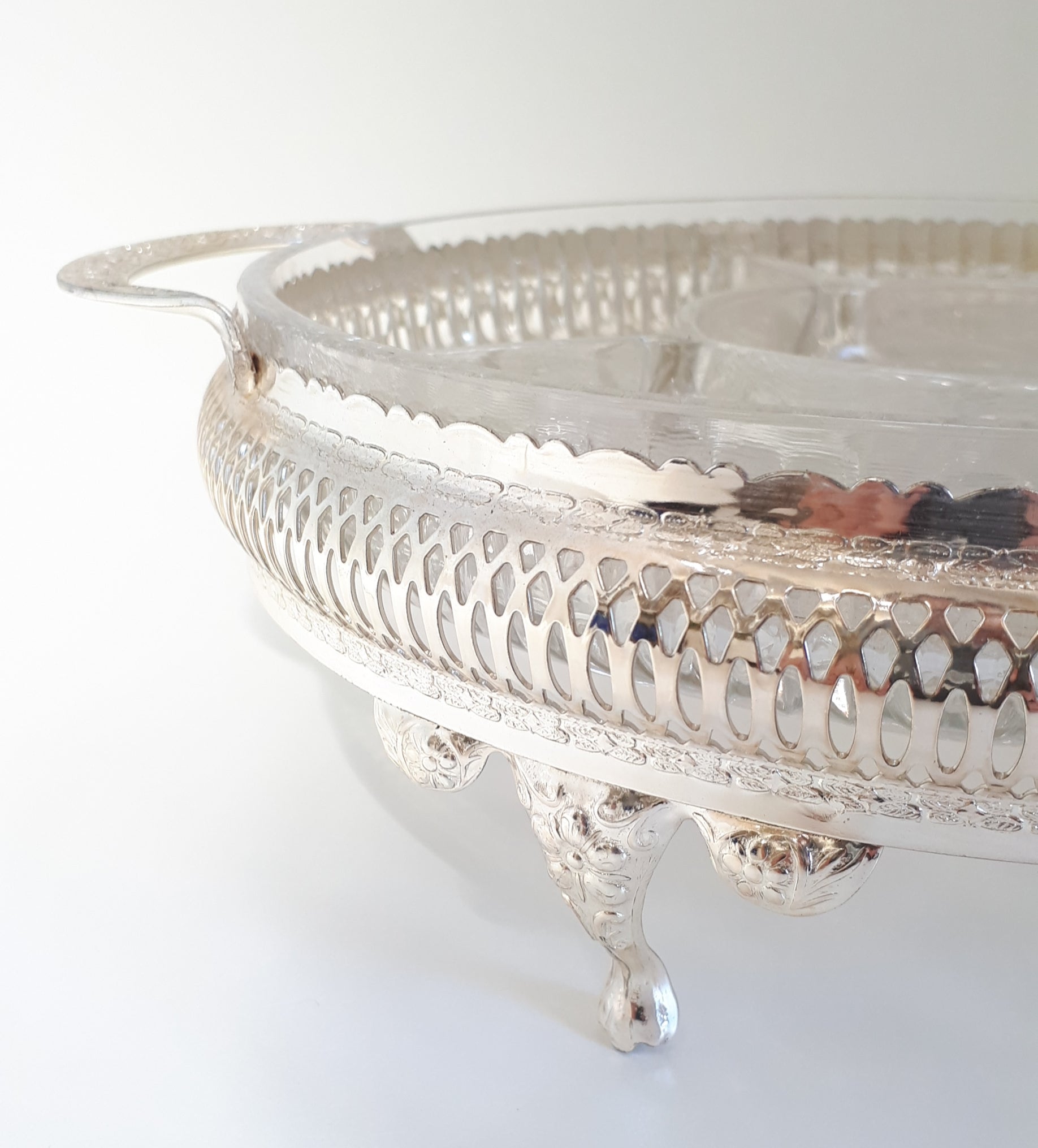 Vintage Electro Plated Footed & Pierced Stand With Removable Cut Crystal 5-Division Snack Dish