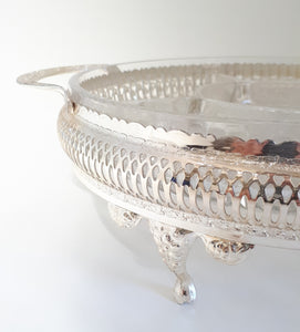 Vintage Electro Plated Footed & Pierced Stand With Removable Cut Crystal 5-Division Snack Dish