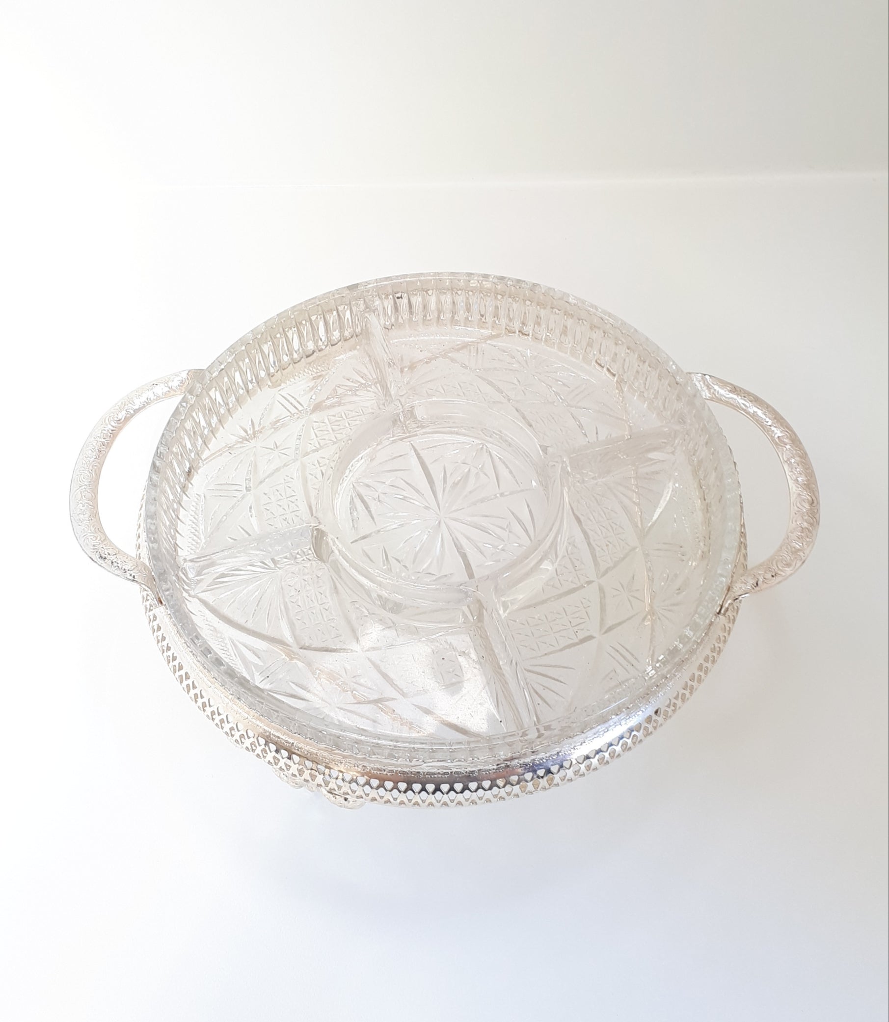 Vintage Electro Plated Footed & Pierced Stand With Removable Cut Crystal 5-Division Snack Dish