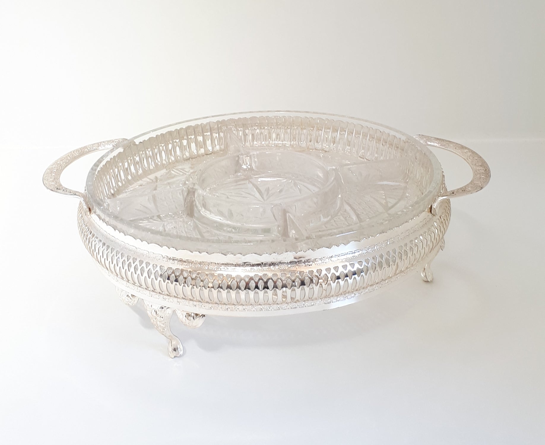 Vintage Electro Plated Footed & Pierced Stand With Removable Cut Crystal 5-Division Snack Dish