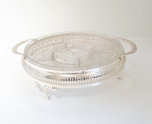 Vintage Electro Plated Footed & Pierced Stand With Removable Cut Crystal 5-Division Snack Dish