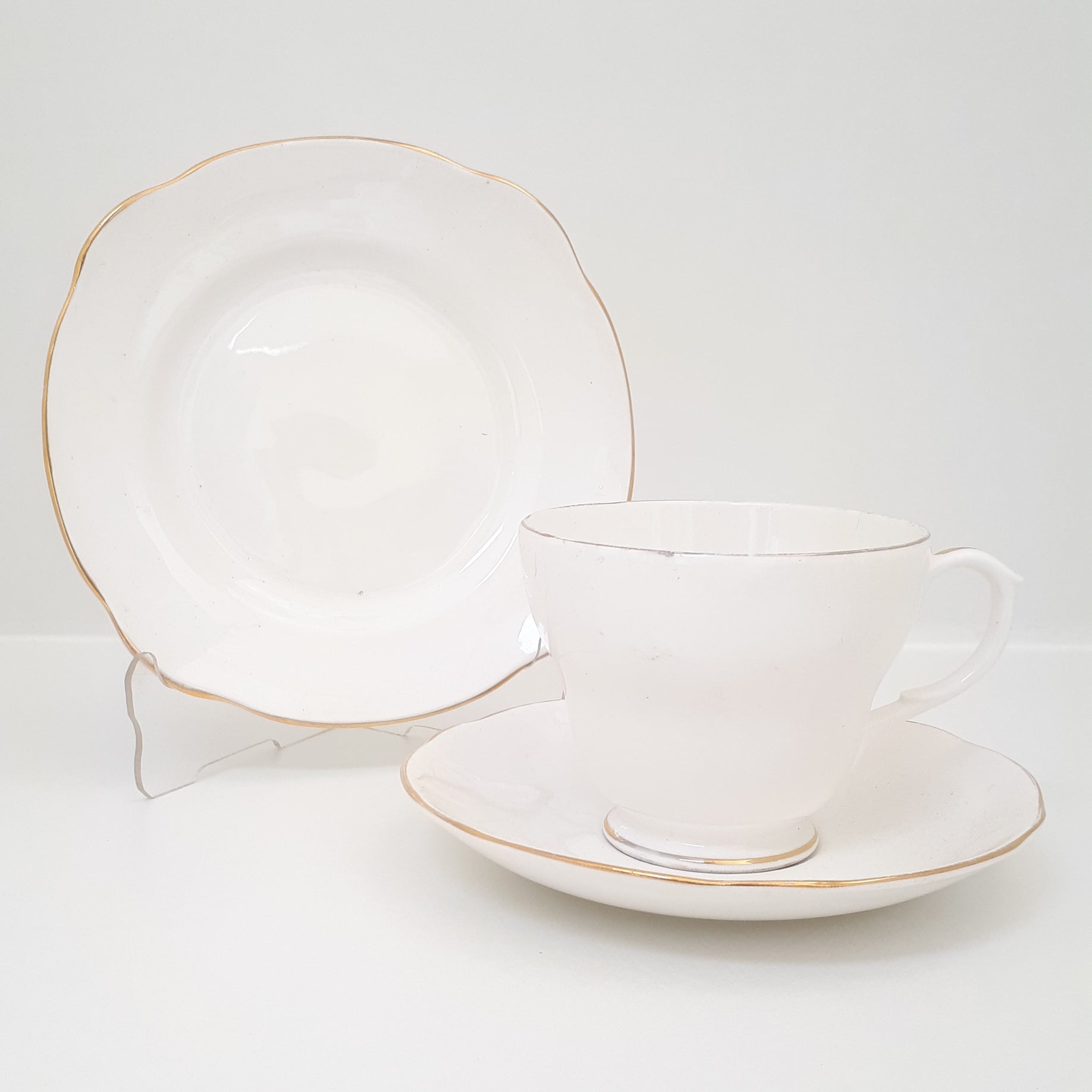 Vintage White & Gold Duchess Bone China Tea Trio – Cup, Saucer & Tea Plate