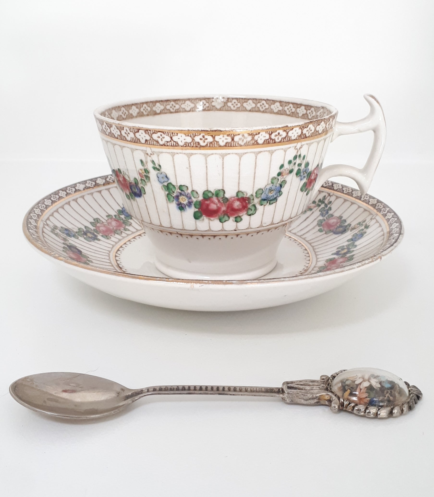 Antique (c. 1906-1927) Booths Large Porcelain Tea Duo – Tea Cup, Saucer & Ornate Spoon