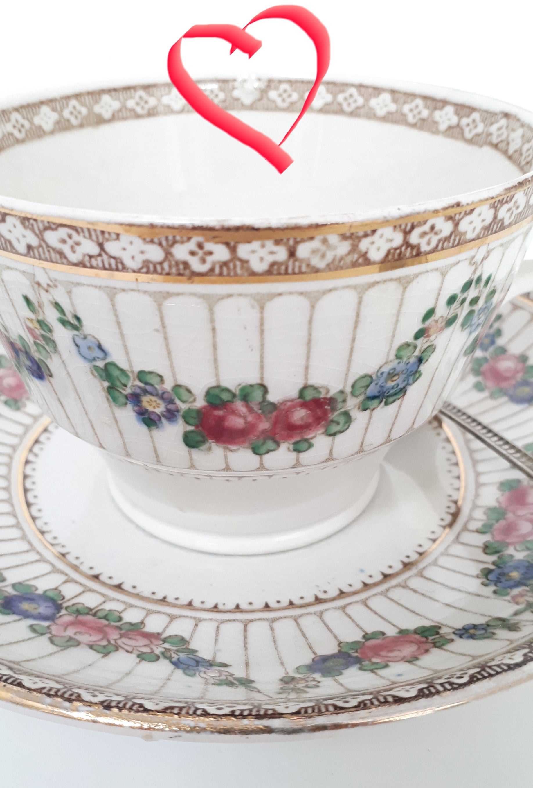 Antique (c. 1906-1927) Booths Large Porcelain Tea Duo – Tea Cup, Saucer & Ornate Spoon