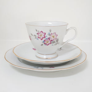 White Porcelain Tea Trio – Cup, Saucer & Tea Plate With Pink & Blue Tiny Flowers