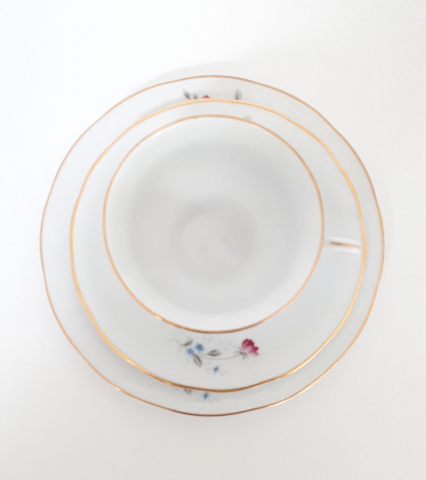 White Porcelain Tea Trio – Cup, Saucer & Tea Plate With Pink & Blue Tiny Flowers