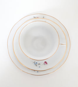 White Porcelain Tea Trio – Cup, Saucer & Tea Plate With Pink & Blue Tiny Flowers