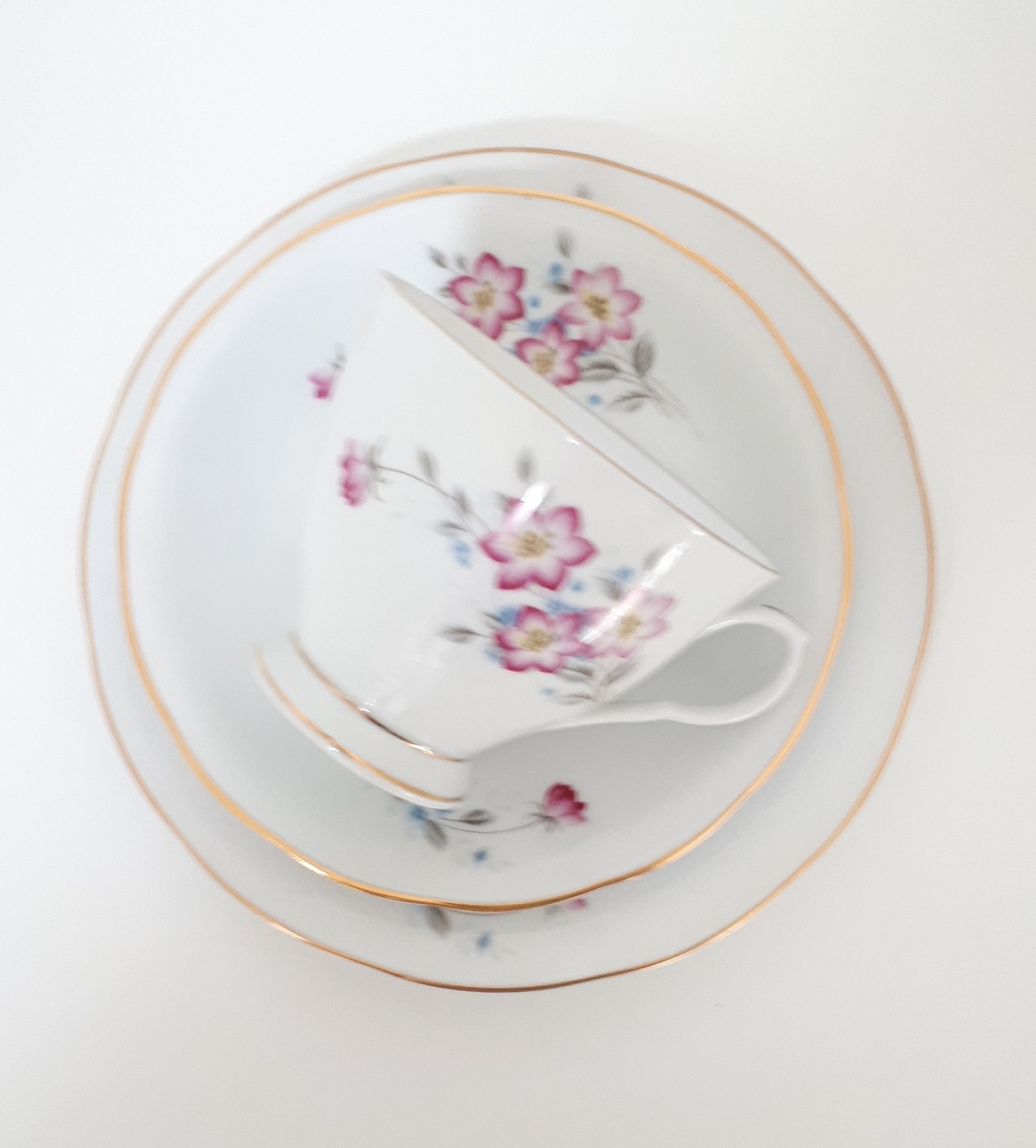 White Porcelain Tea Trio – Cup, Saucer & Tea Plate With Pink & Blue Tiny Flowers