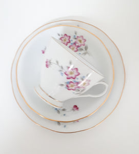White Porcelain Tea Trio – Cup, Saucer & Tea Plate With Pink & Blue Tiny Flowers