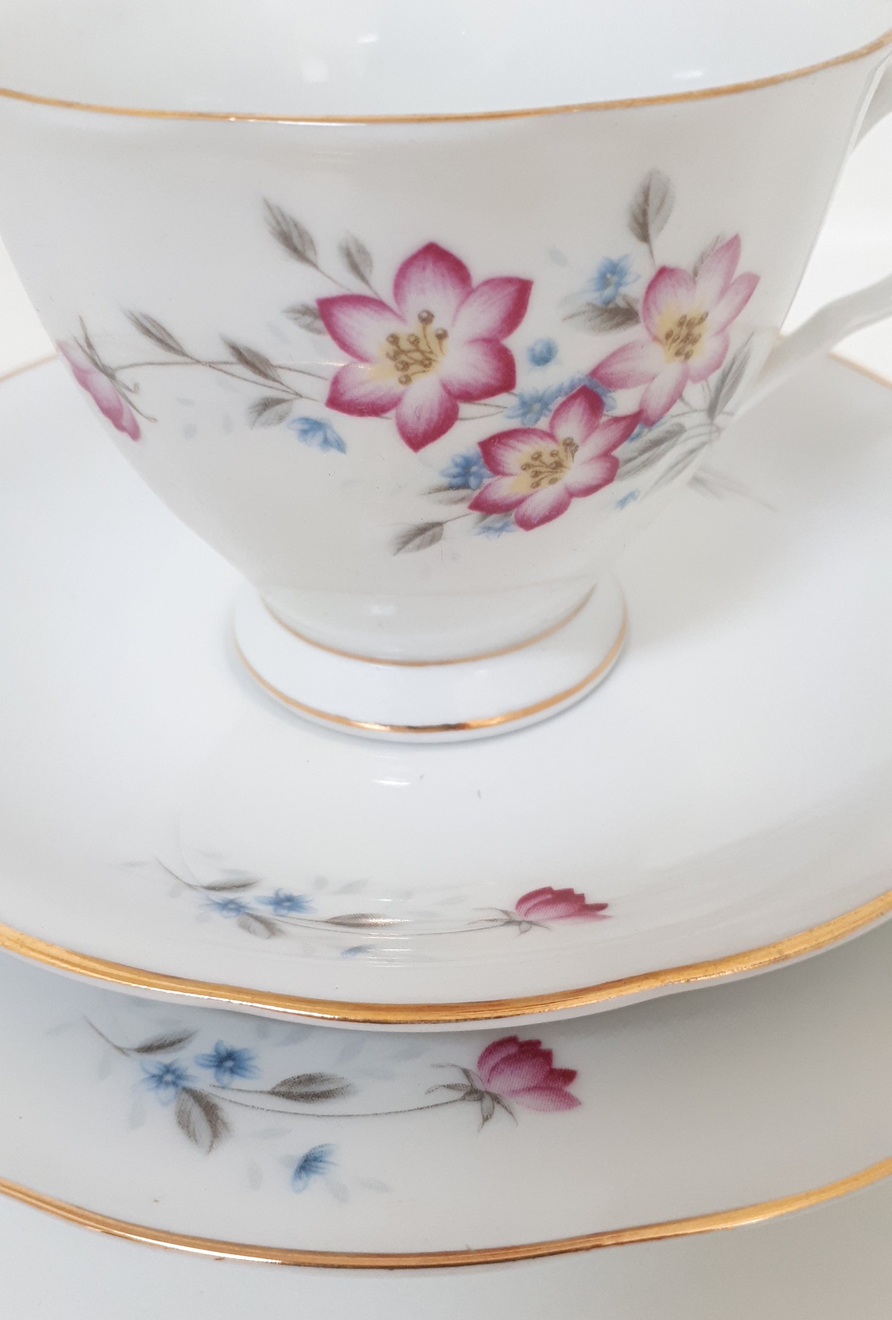White Porcelain Tea Trio – Cup, Saucer & Tea Plate With Pink & Blue Tiny Flowers