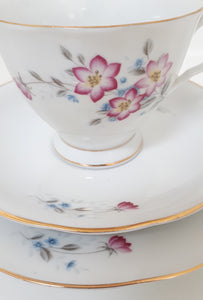 White Porcelain Tea Trio – Cup, Saucer & Tea Plate With Pink & Blue Tiny Flowers
