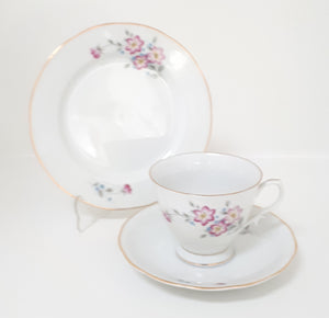 White Porcelain Tea Trio – Cup, Saucer & Tea Plate With Pink & Blue Tiny Flowers