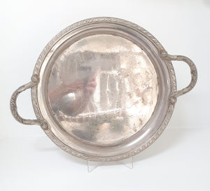 Round Silver Plated Drinks / Serving Tray With Handles – Baroque Etched Patterning
