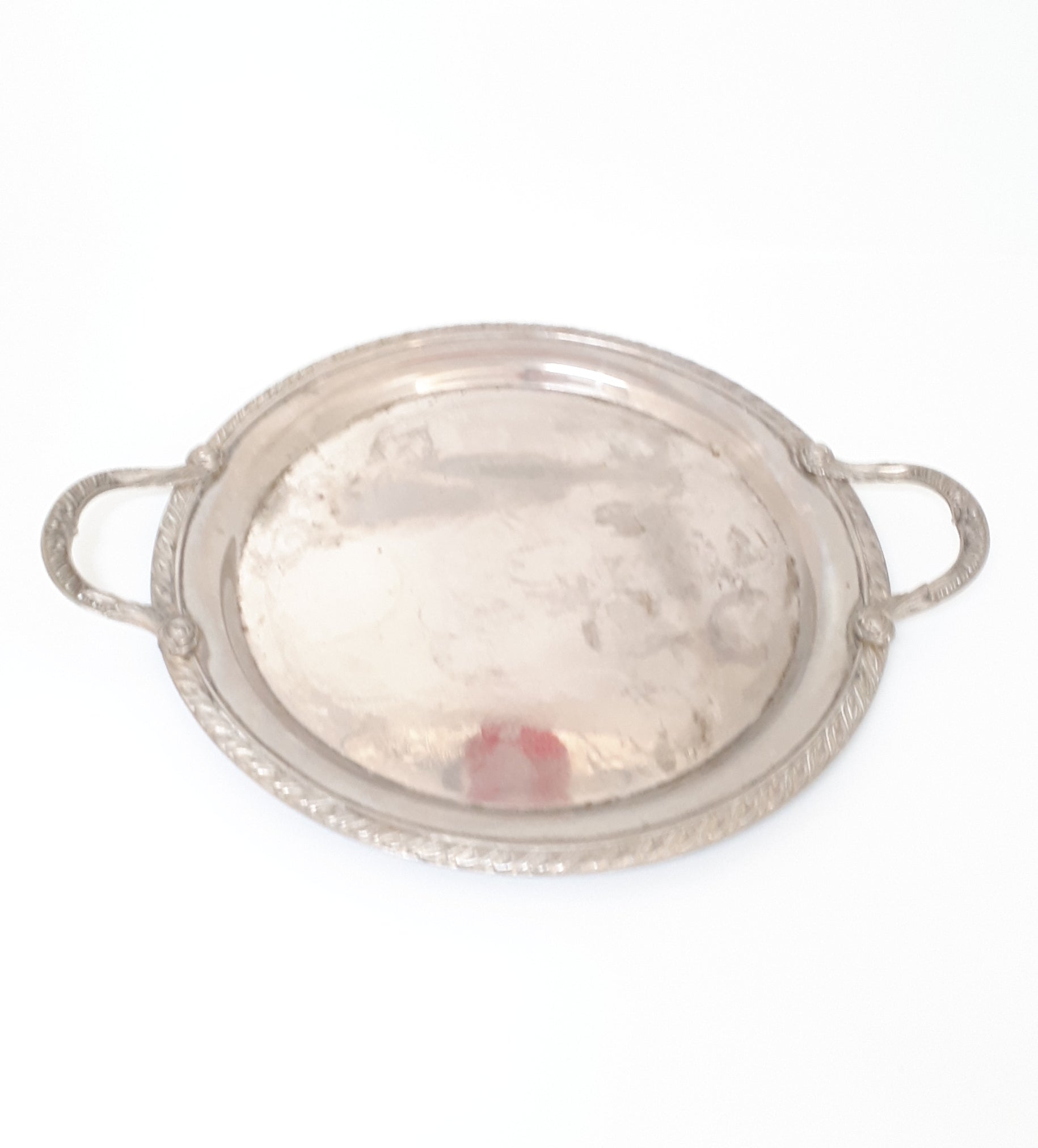Round Silver Plated Drinks / Serving Tray With Handles – Baroque Etched Patterning
