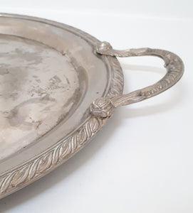 Round Silver Plated Drinks / Serving Tray With Handles – Baroque Etched Patterning