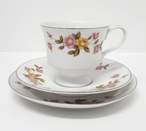 Vintage Town House Yellow & Pink Rose Tea Trio – Cup, Saucer & Tea Plate