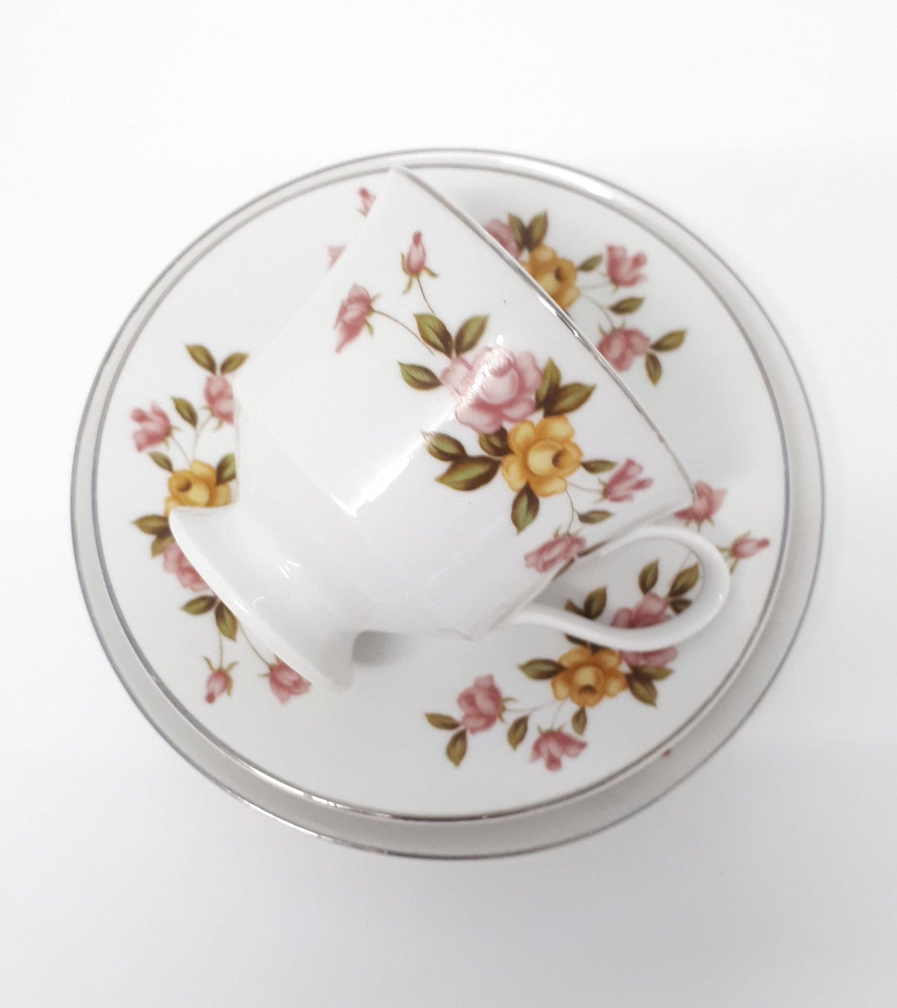 Vintage Town House Yellow & Pink Rose Tea Trio – Cup, Saucer & Tea Plate