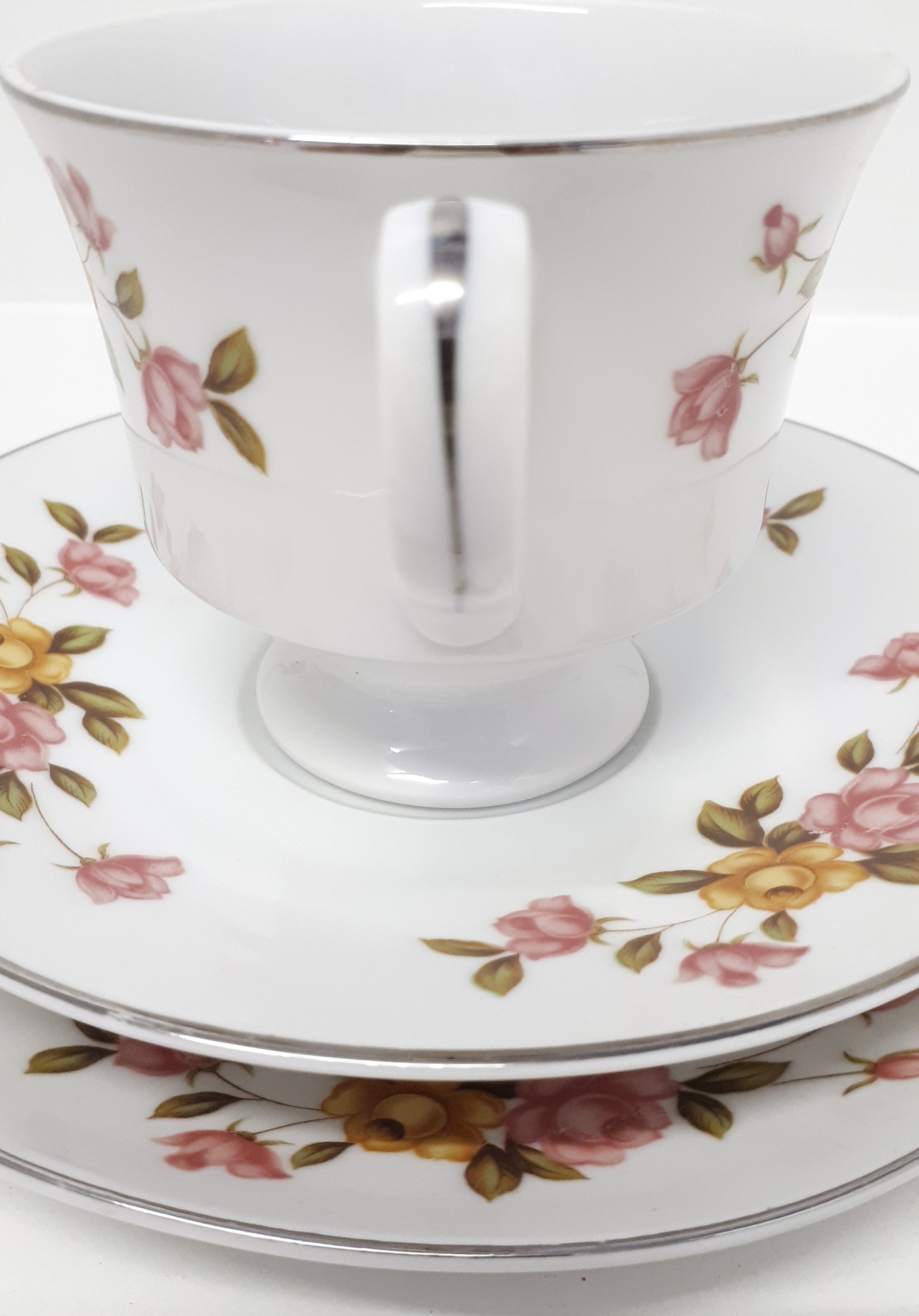 Vintage Town House Yellow & Pink Rose Tea Trio – Cup, Saucer & Tea Plate