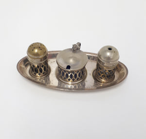 Vintage Pre 1950’s Silver Plated Tray With Salt & Pepper Shaker & Mustard Pot – All With Cobalt Blue Inner Liners
