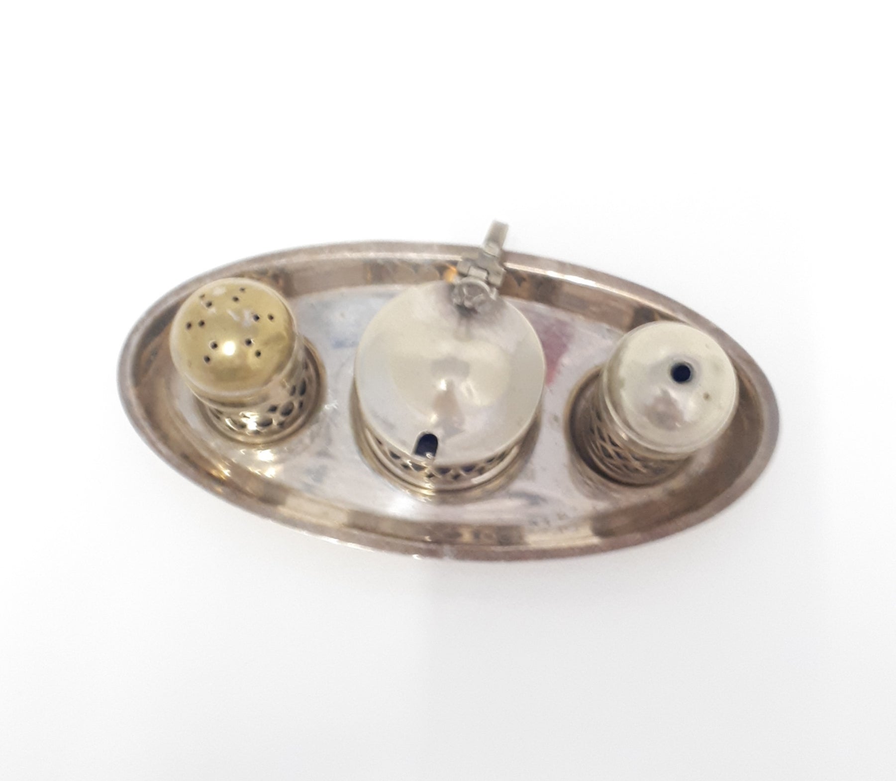 Vintage Pre 1950’s Silver Plated Tray With Salt & Pepper Shaker & Mustard Pot – All With Cobalt Blue Inner Liners