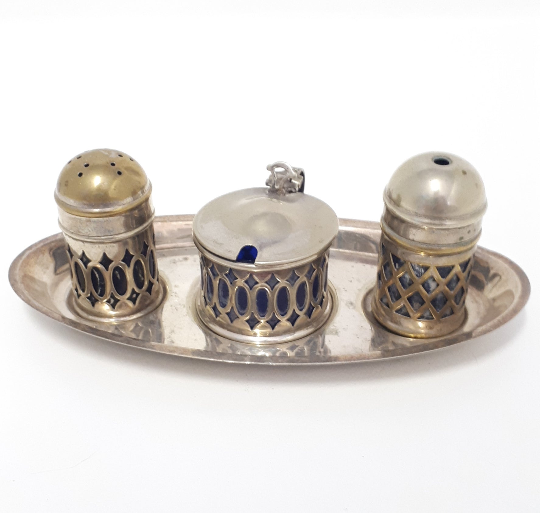 Vintage Pre 1950’s Silver Plated Tray With Salt & Pepper Shaker & Mustard Pot – All With Cobalt Blue Inner Liners