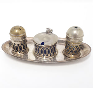 Vintage Pre 1950’s Silver Plated Tray With Salt & Pepper Shaker & Mustard Pot – All With Cobalt Blue Inner Liners