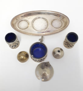 Vintage Pre 1950’s Silver Plated Tray With Salt & Pepper Shaker & Mustard Pot – All With Cobalt Blue Inner Liners