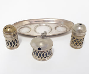 Vintage Pre 1950’s Silver Plated Tray With Salt & Pepper Shaker & Mustard Pot – All With Cobalt Blue Inner Liners